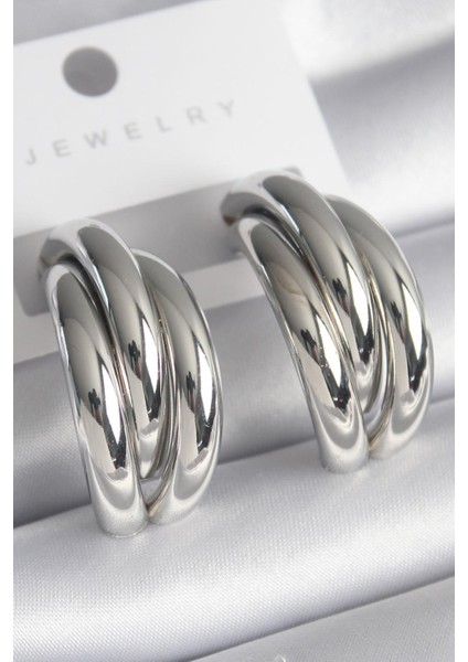 E-Bijuteri Pirinç Gümüş Renk 3'lü Görünüm Kadın Küpe