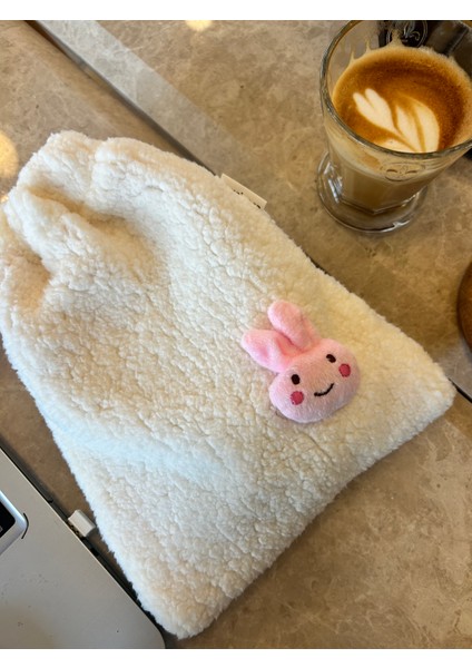 Sevimli Pembe Tavşan Peluş Pötikareli Astarlı Büzgülü İpli Düzenleyici Kese Makyaj Çantası
