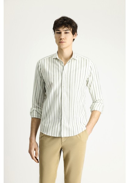 Uzun Kol Slim Fit Dar Kesim Çizgili Spor Keten Gömlek