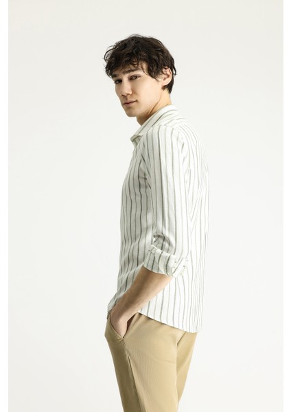 Uzun Kol Slim Fit Dar Kesim Çizgili Spor Keten Gömlek fiyatları