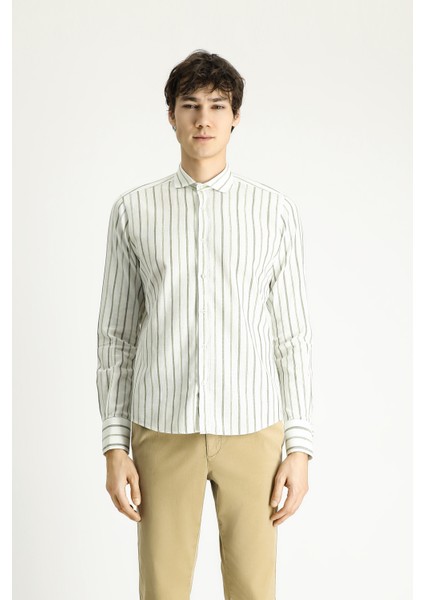 Uzun Kol Slim Fit Dar Kesim Çizgili Spor Keten Gömlek modelleri