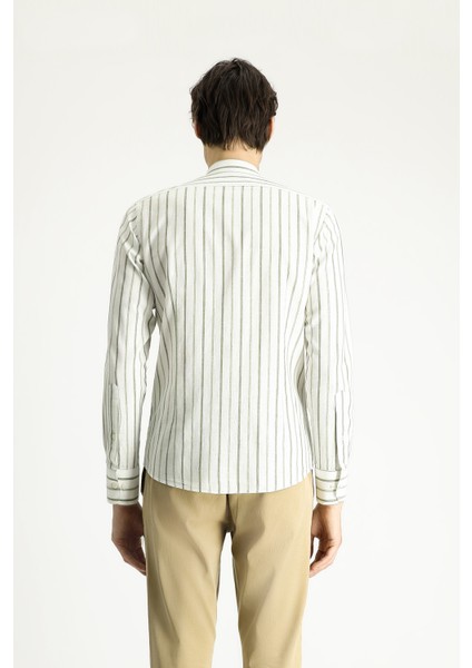 Uzun Kol Slim Fit Dar Kesim Çizgili Spor Keten Gömlek fırsatları