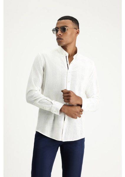Uzun Kol Slim Fit Dar Kesim Desenli Spor Pamuk Gömlek