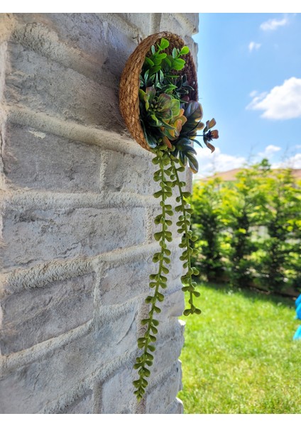 Iskandinav Dekorasyon Hasır Sepetli Tesbih Çiçekli Balkon, Mutfak,kahve Köşesi,duvar Süsü (15 Cm Çap)