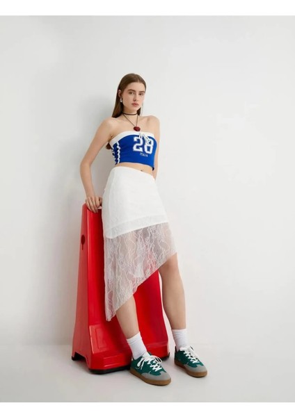 Straplez Crop Top Baskılı Fiyonk Detaylı