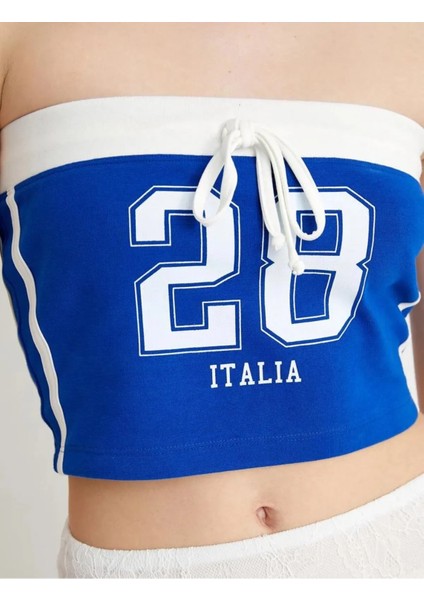 Straplez Crop Top Baskılı Fiyonk Detaylı