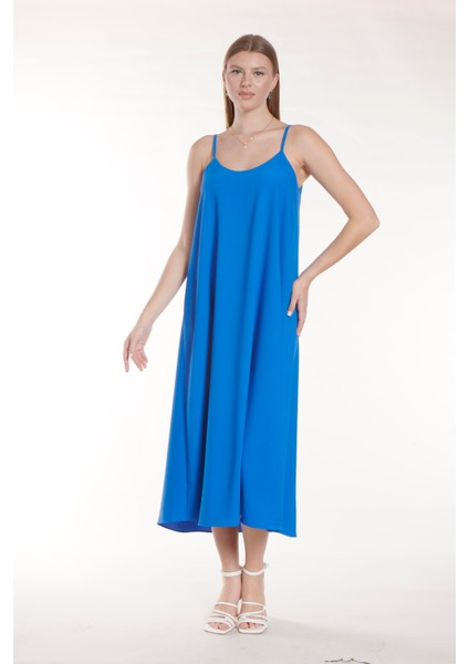 Saks Mavi Ip Askılı Uzun Elbise fiyatları