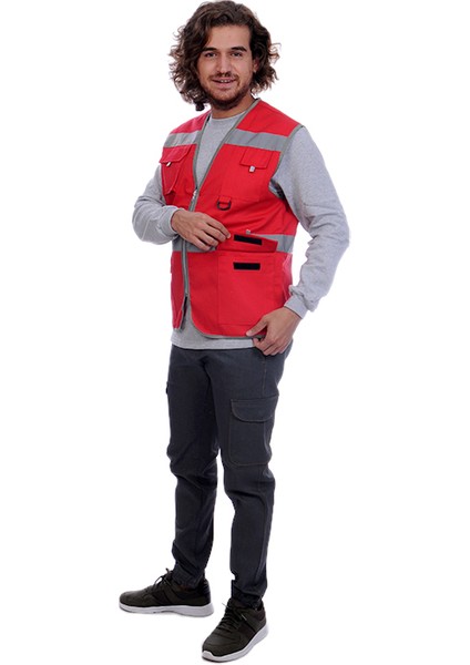 Işçi Çok Cepli Reflektörlü Alet Yeleği Kırmızı / Gri