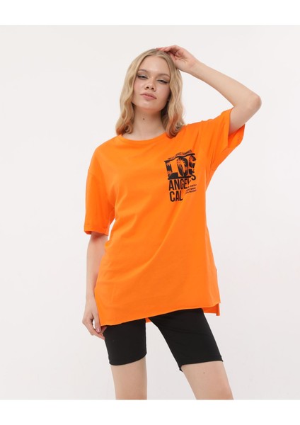 Los Angeles Baskılı Oversize Turuncu Renk T-Shirt