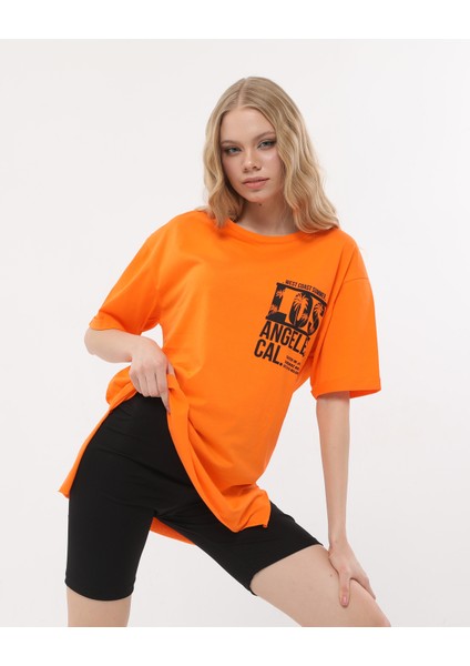 Los Angeles Baskılı Oversize Turuncu Renk T-Shirt