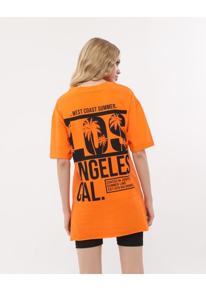 Los Angeles Baskılı Oversize Turuncu Renk T-Shirt