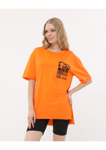 Los Angeles Baskılı Oversize Turuncu Renk T-Shirt indirimleri