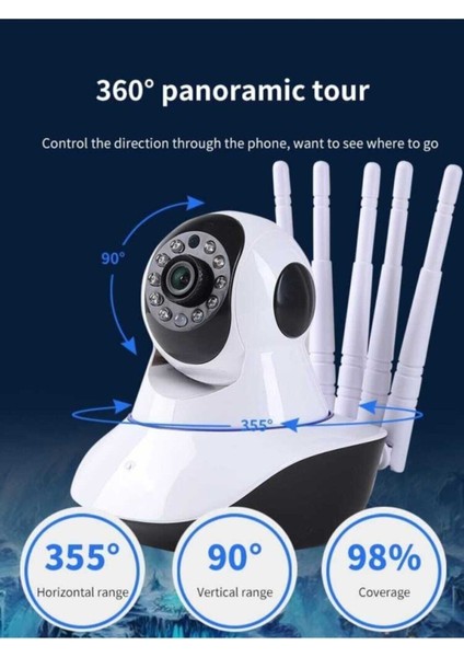 Tekno Trust 2 Yıl 360° Wifi Ip Güvenlik Kamera 5 Antenli Gece Görüşlü Sensörlü Harekete Duyarlı Ip Kamera