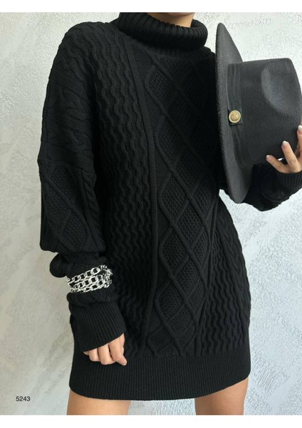 Kadın Oversize Boğazlı Yaka Baklava Desenli Örgü Tunik Kazak modelleri