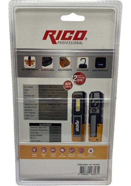 Rıco 3.7V El Feneri Çalışma Lambası Ledli Mıknatıslı Askılı Şarjlı (Fonksiyonlu 600 Lümen)