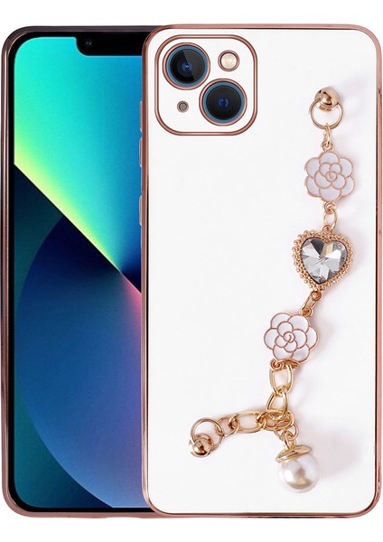 Apple iPhone 14 Kılıf El Askılı Kamera Korumalı Renkli Gold Kenar Silikon Kapak