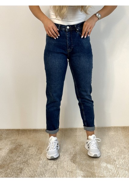 Likralı Mavi Renk Slim Fit Mom Jean