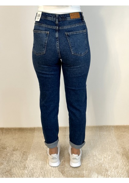 Likralı Mavi Renk Slim Fit Mom Jean