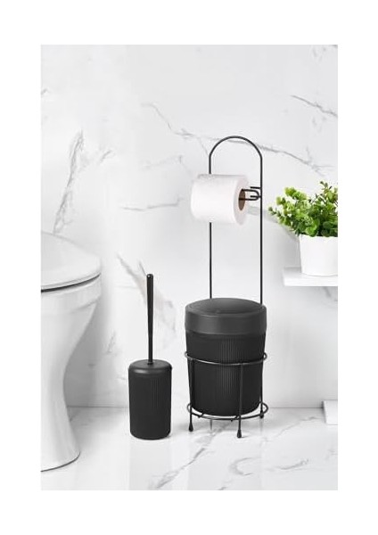 Kovalı Tuvalet Kağıtlığı, Çöp Kovalı Tuvalet Kağıdı Askısı ve Tuvalet Fırça Seti, Banyo Çöp Kovası ve Wc Fırça Seti (Siyah)