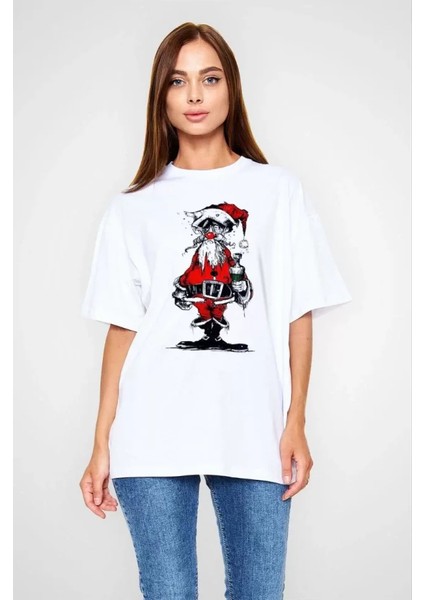 Unisex Bisiklet Yaka Baskılı Oversize T-Shirt Beyaz