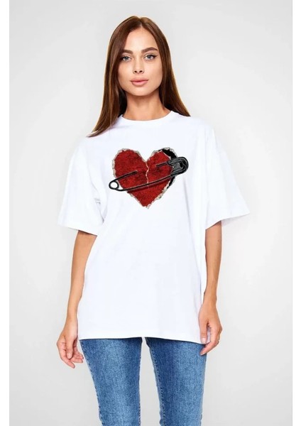 Unisex Bisiklet Yaka Baskılı Oversize T-Shirt Beyaz