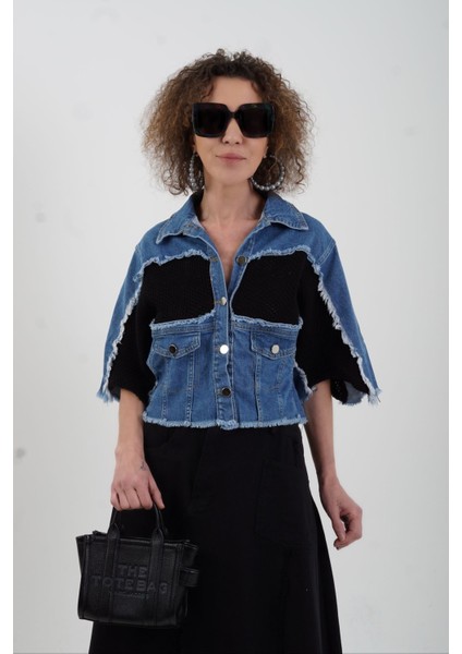 Mavi Siyah Triko Detaylı Denim Ceket