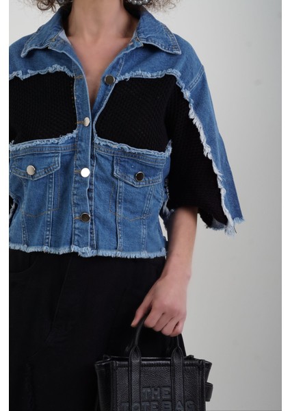 Mavi Siyah Triko Detaylı Denim Ceket