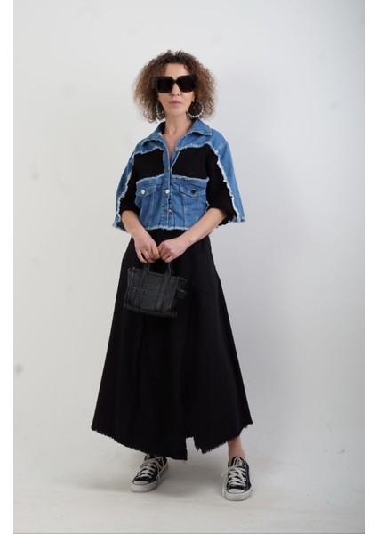 Mavi Siyah Triko Detaylı Denim Ceket