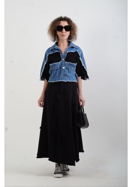 Mavi Siyah Triko Detaylı Denim Ceket