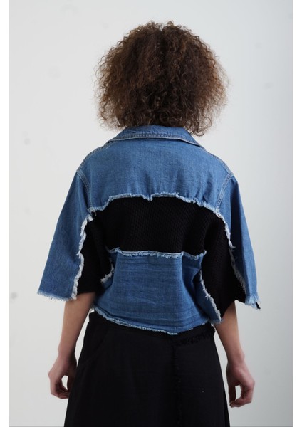 Mavi Siyah Triko Detaylı Denim Ceket