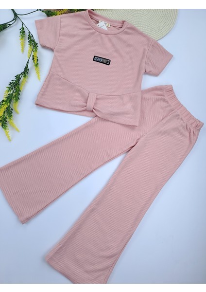 Kız Çocuk Crop Ikili Takım Fitilli Kumaş Amblemli Yazlık Mor Pembe Renk Seçenekleri