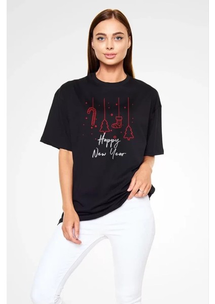 Unisex Bisiklet Yaka Baskılı Oversize T-Shirt Siyah
