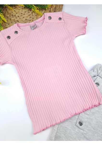 Kız Çocuk Şort Tişort Ikili Takım Pembe Tişort Gri Şort Yazlık Kaliteli Kumaş