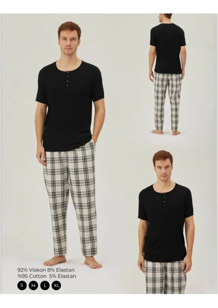 Yumuşak Dokulu Altı Ekoseli Kısa Kol Erkek Pijama Takım 24806