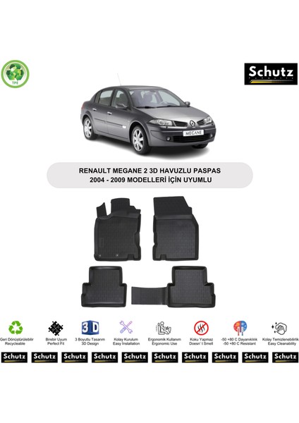 Renault Megane 2 2004-2009 Modelleri Için Uyumlu 3D Havuzlu Oto Paspas