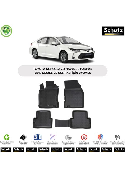 Toyota Corolla 2019 Model ve Sonrası Için Uyumlu 3D Havuzlu Oto Paspas