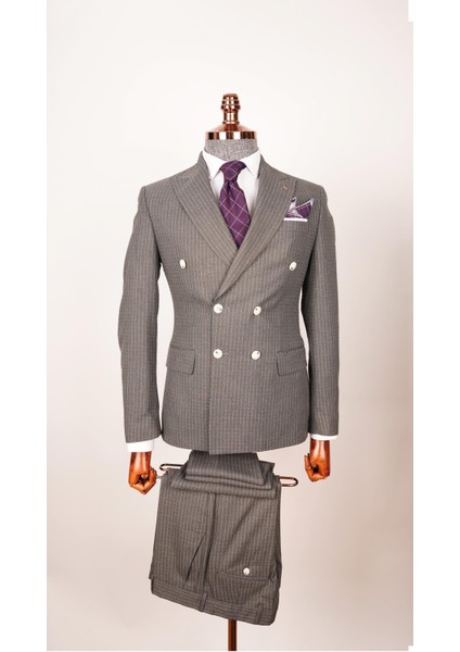Erkek Slim Fit Ekose Desen Koyu Gri Yelekli Takım Elbise
