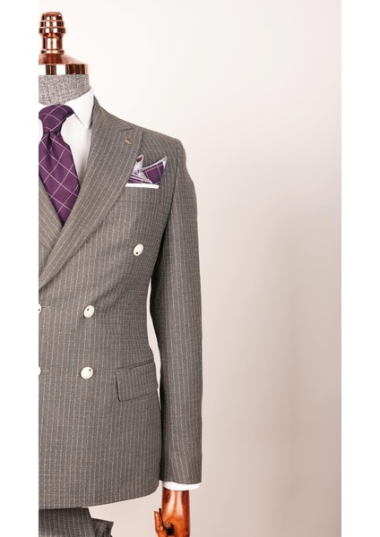 Erkek Slim Fit Ekose Desen Koyu Gri Yelekli Takım Elbise modelleri