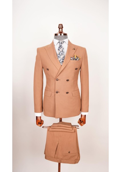 Erkek Düz Kumaş Taba Slim Fit Kruvaze Takım Elbise
