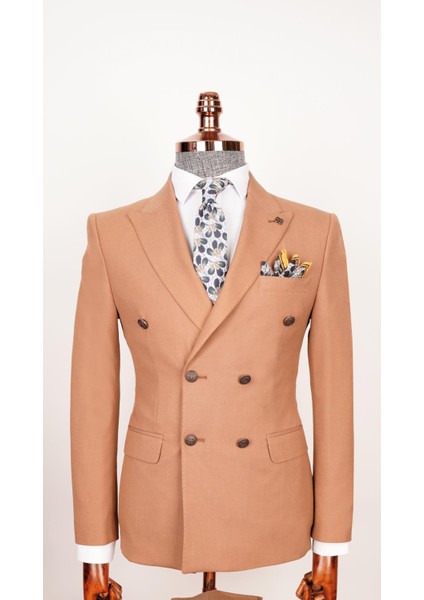 Erkek Düz Kumaş Taba Slim Fit Kruvaze Takım Elbise