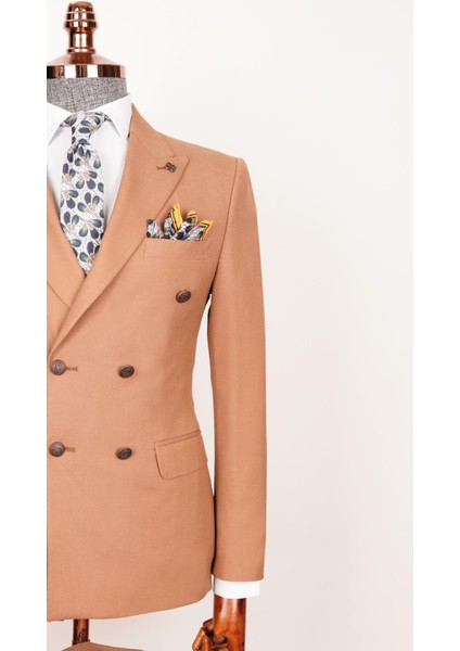 Erkek Düz Kumaş Taba Slim Fit Kruvaze Takım Elbise