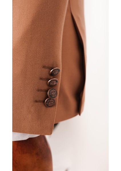 Erkek Düz Kumaş Taba Slim Fit Kruvaze Takım Elbise
