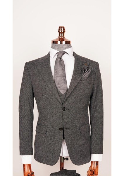 Erkek Kırçıllı Kumaş Koyu Gri Slim Fit Yelekli Takım Elbise fiyatları