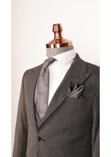 Erkek Kırçıllı Kumaş Koyu Gri Slim Fit Yelekli Takım Elbise fırsatları