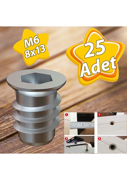 Metal Düz Dişli Dübel Ahşap Dübeli M6 8X13 Diş Çinko Mobilya Bağlantı Ünite Birleştirme (25 Adet)