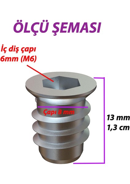 Metal Düz Dişli Dübel Ahşap Dübeli M6 8X13 Diş Çinko Mobilya Bağlantı Ünite Birleştirme (25 Adet)