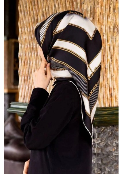 Twill İpek Eşarp Siyah Krem 0001-12