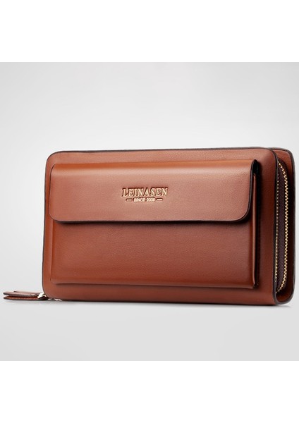 Leinasen Marka Erkek Cüzdan Para Cebi Fermuarlı Çift Fermuarlı Erkek Cüzdan Uzun Büyük Erkek Çanta Sikke El Çantası (Kahverengi) (Yurt Dışından) indirimleri