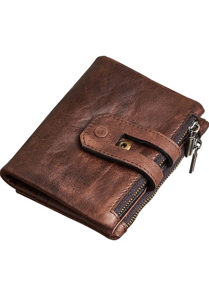 Microgood Vintage Hakiki Deri Fermuarlı Bozuk Para Cüzdanı Kısa Cüzdan Kartvizit Nakit Tutucu (Yurt Dışından)
