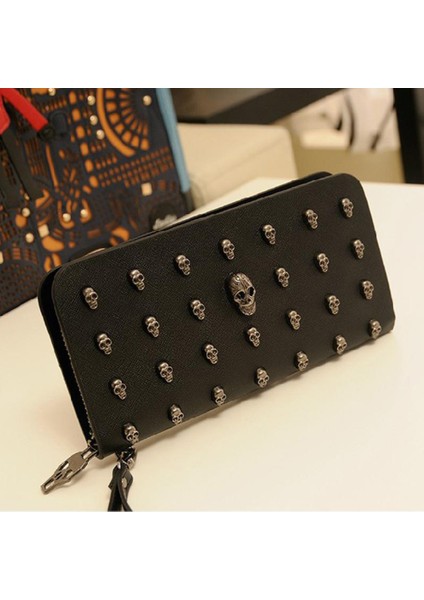 Microgood Zip Uzun Çanta Kafatası Suni Deri Telefon Kartı Tutucu Retro Cüzdan Çanta (Yurt Dışından)